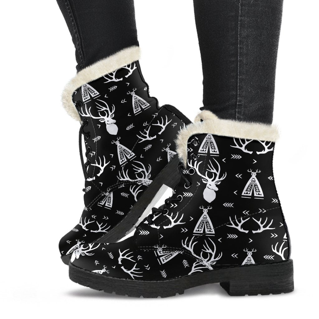 Deer Native Indian Print Pattern Faux Fur Leather Boots-JTAMIGO.COM