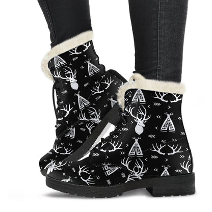 Deer Native Indian Print Pattern Faux Fur Leather Boots-JTAMIGO.COM