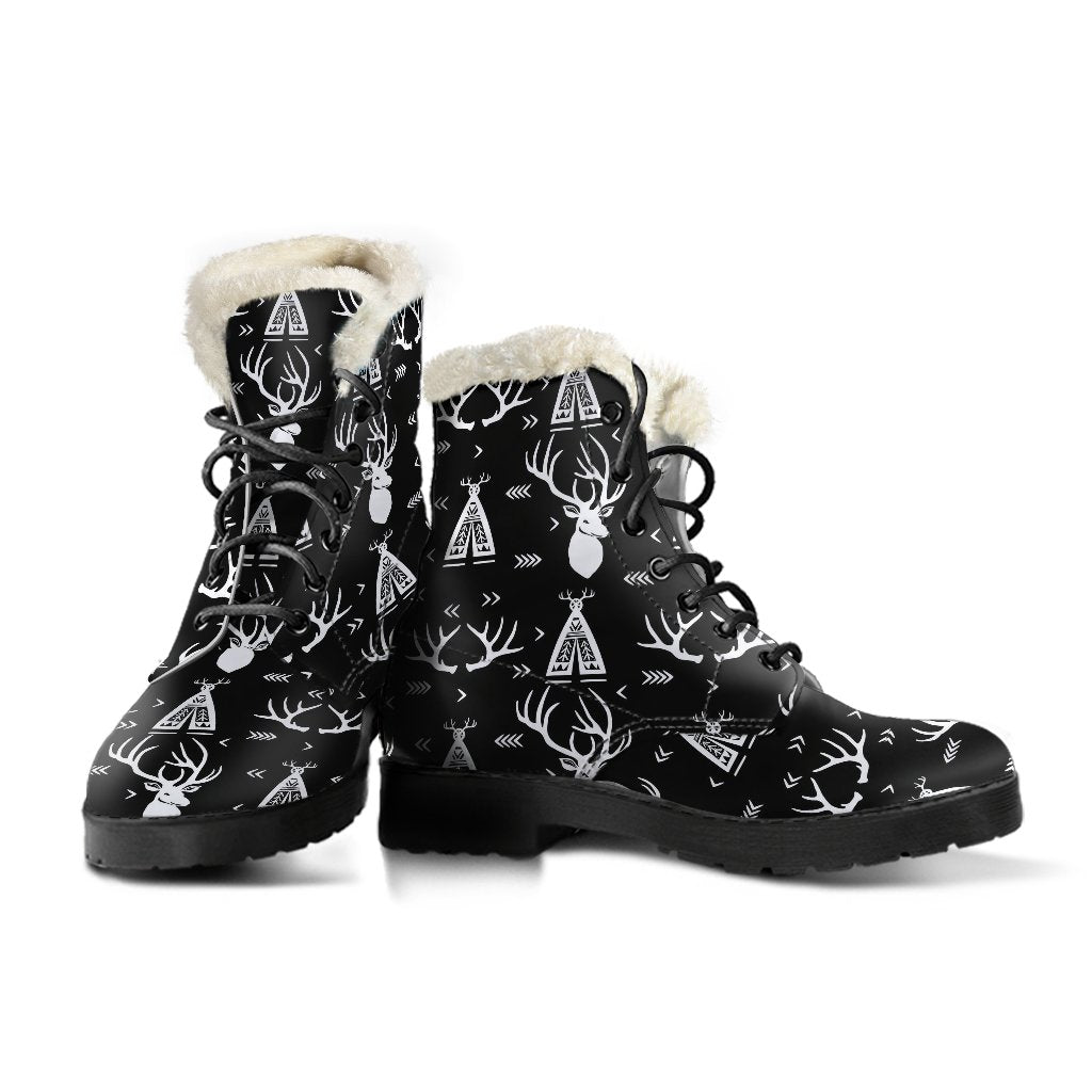 Deer Native Indian Print Pattern Faux Fur Leather Boots-JTAMIGO.COM