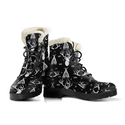 Deer Native Indian Print Pattern Faux Fur Leather Boots-JTAMIGO.COM