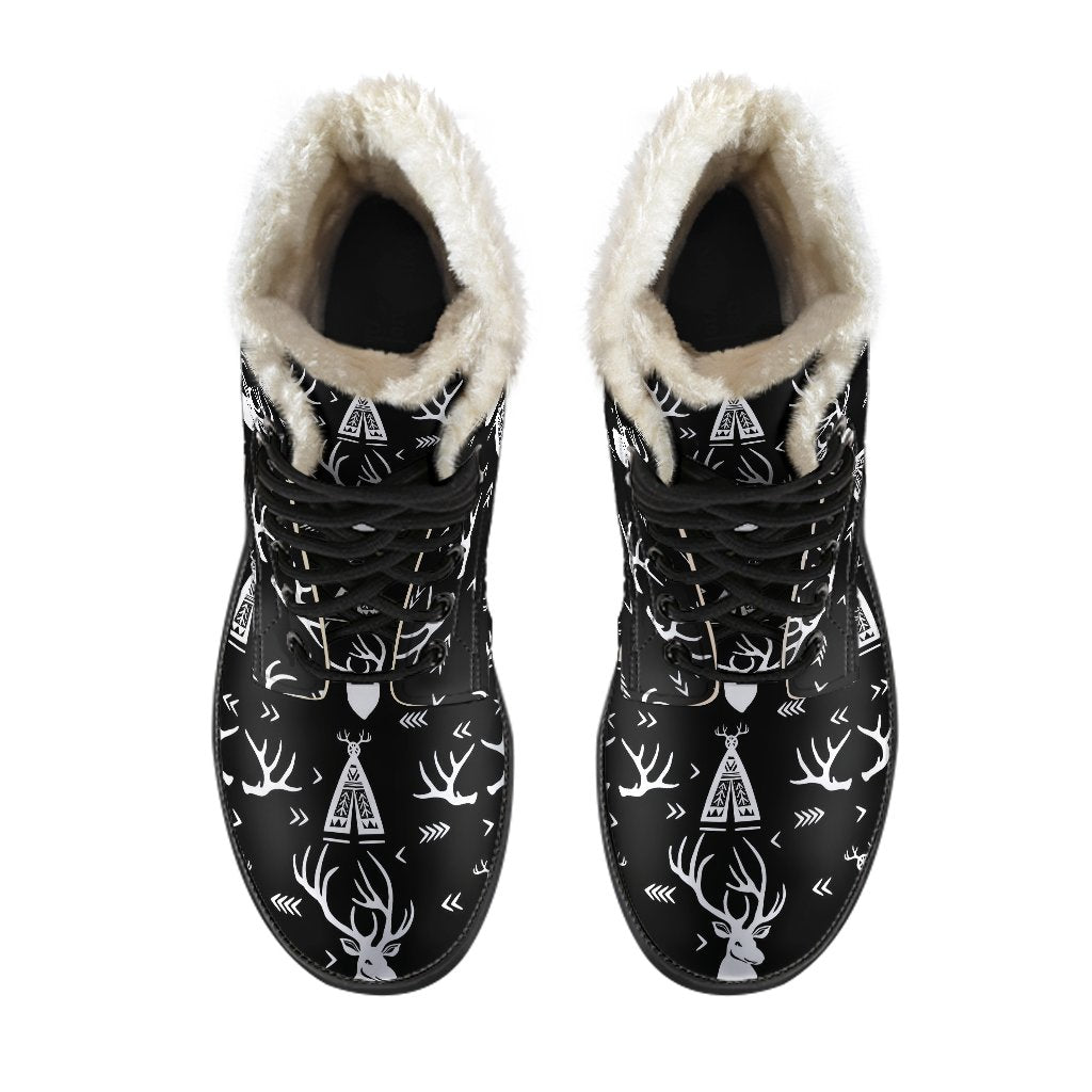 Deer Native Indian Print Pattern Faux Fur Leather Boots-JTAMIGO.COM