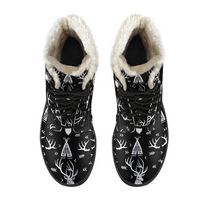 Deer Native Indian Print Pattern Faux Fur Leather Boots-JTAMIGO.COM