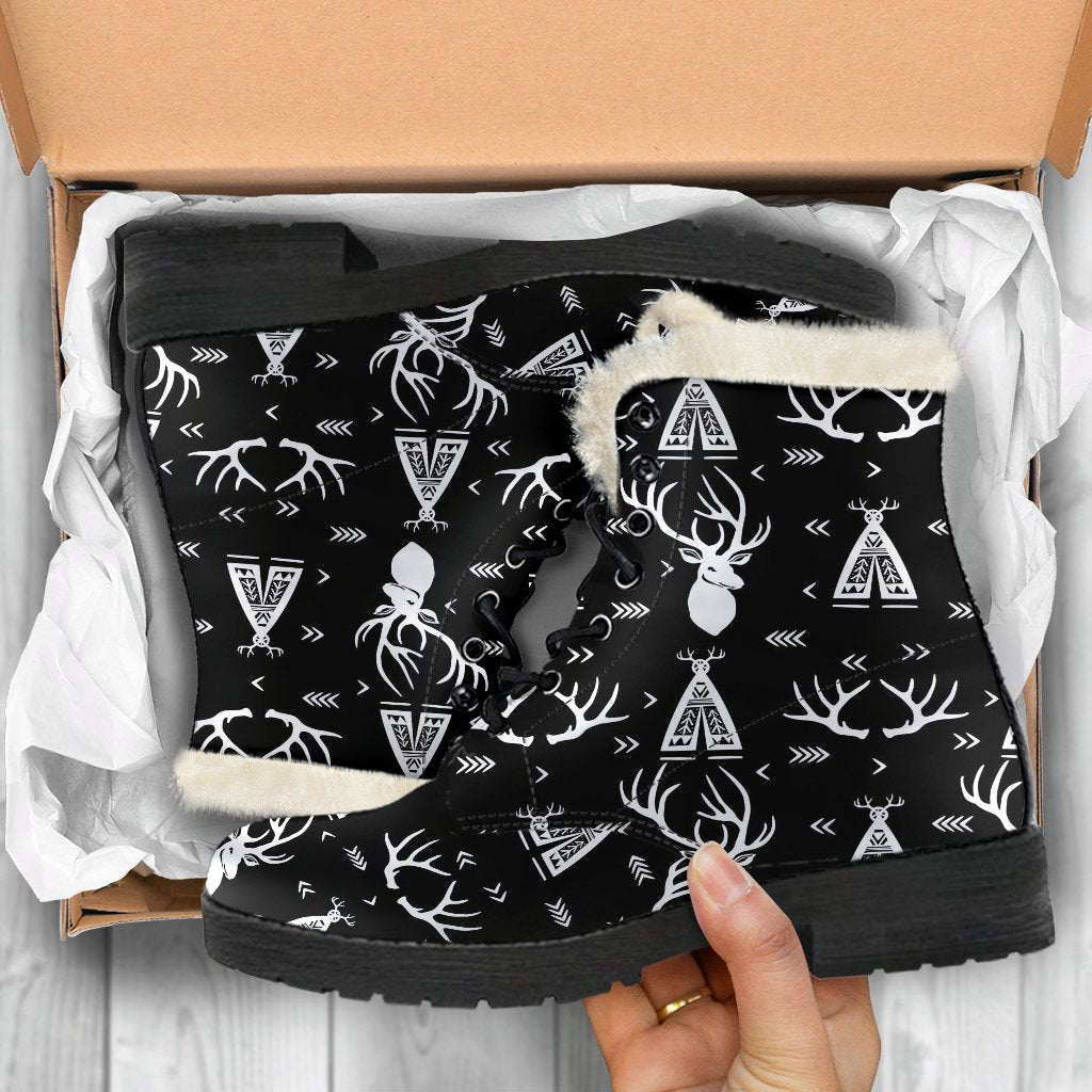 Deer Native Indian Print Pattern Faux Fur Leather Boots-JTAMIGO.COM