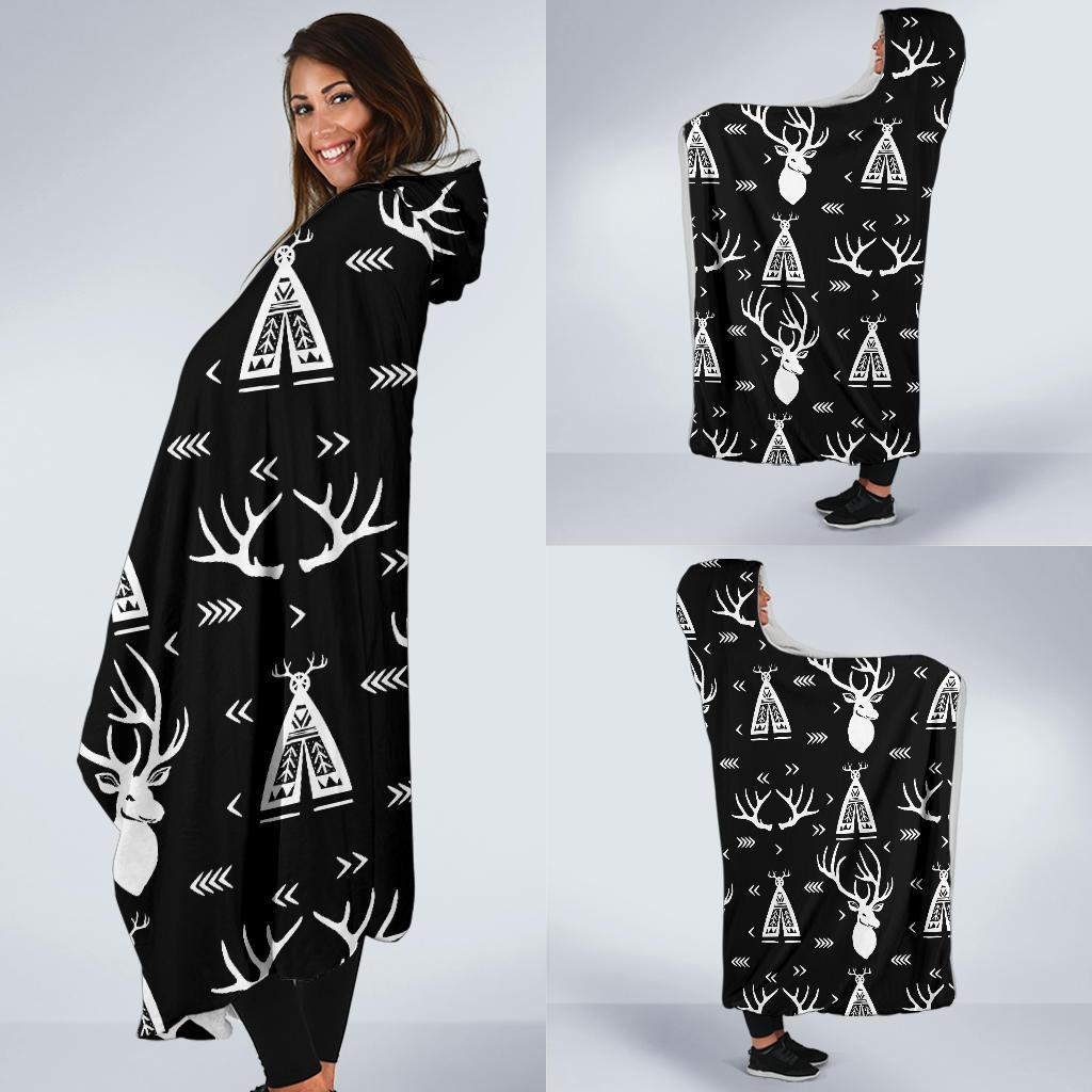 Deer Native Indian Print Pattern Hooded Blanket-JTAMIGO.COM