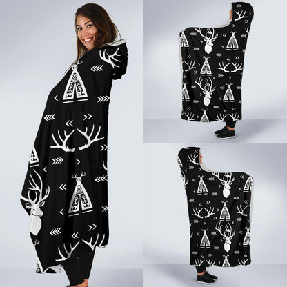 Deer Native Indian Print Pattern Hooded Blanket-JTAMIGO.COM