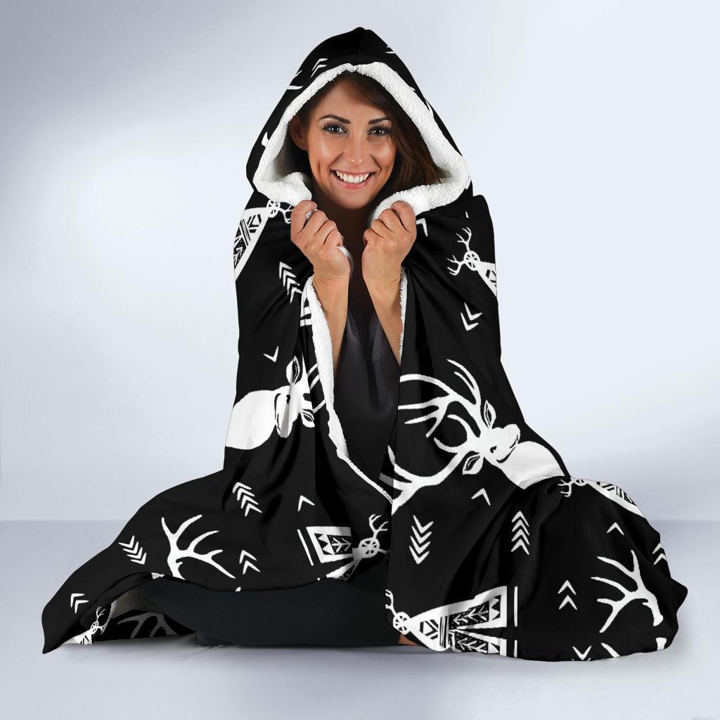 Deer Native Indian Print Pattern Hooded Blanket-JTAMIGO.COM