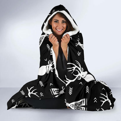 Deer Native Indian Print Pattern Hooded Blanket-JTAMIGO.COM