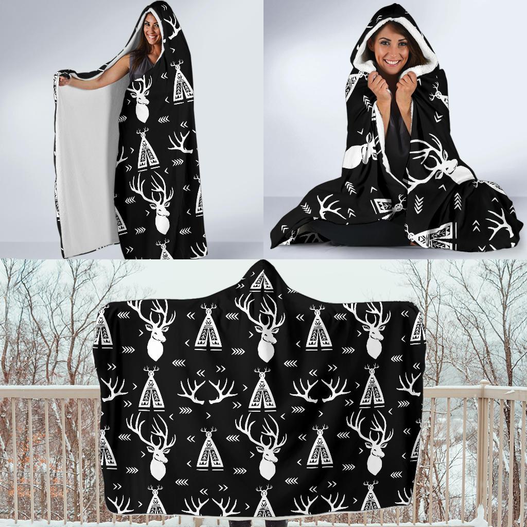 Deer Native Indian Print Pattern Hooded Blanket-JTAMIGO.COM