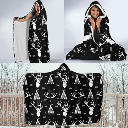 Deer Native Indian Print Pattern Hooded Blanket-JTAMIGO.COM