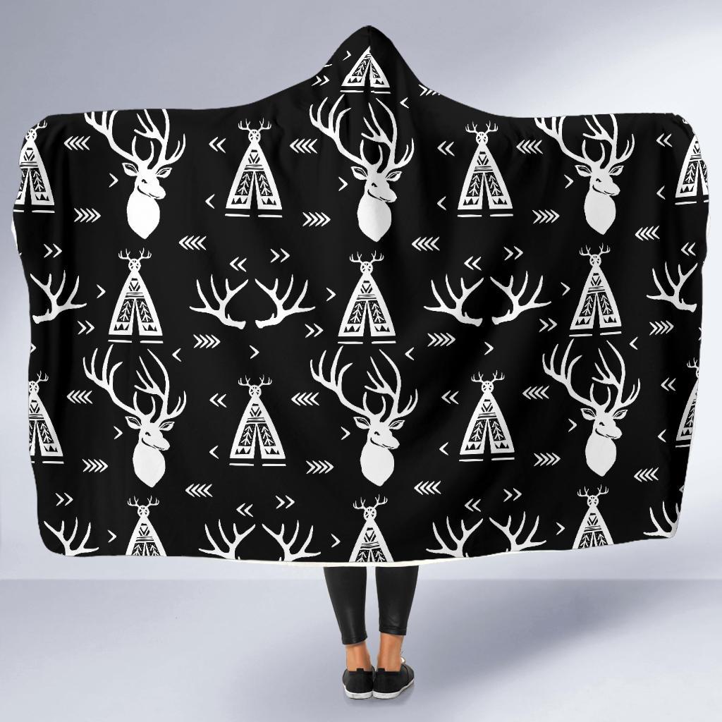 Deer Native Indian Print Pattern Hooded Blanket-JTAMIGO.COM