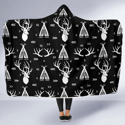 Deer Native Indian Print Pattern Hooded Blanket-JTAMIGO.COM