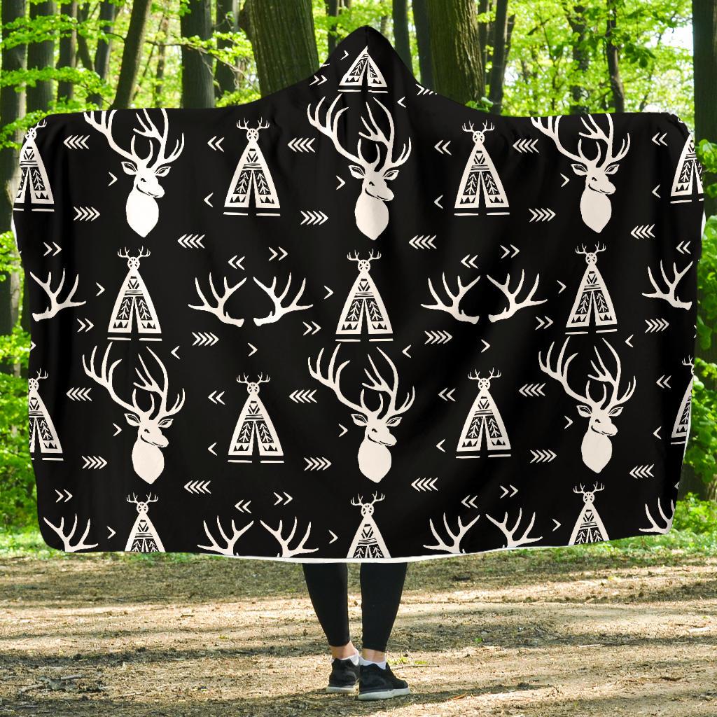 Deer Native Indian Print Pattern Hooded Blanket-JTAMIGO.COM