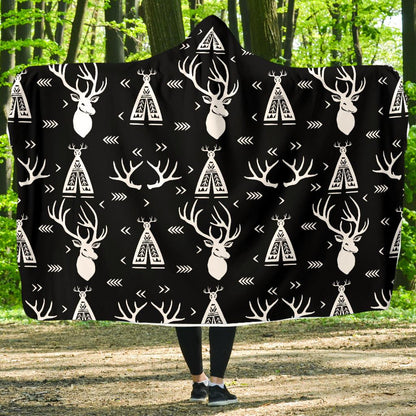 Deer Native Indian Print Pattern Hooded Blanket-JTAMIGO.COM