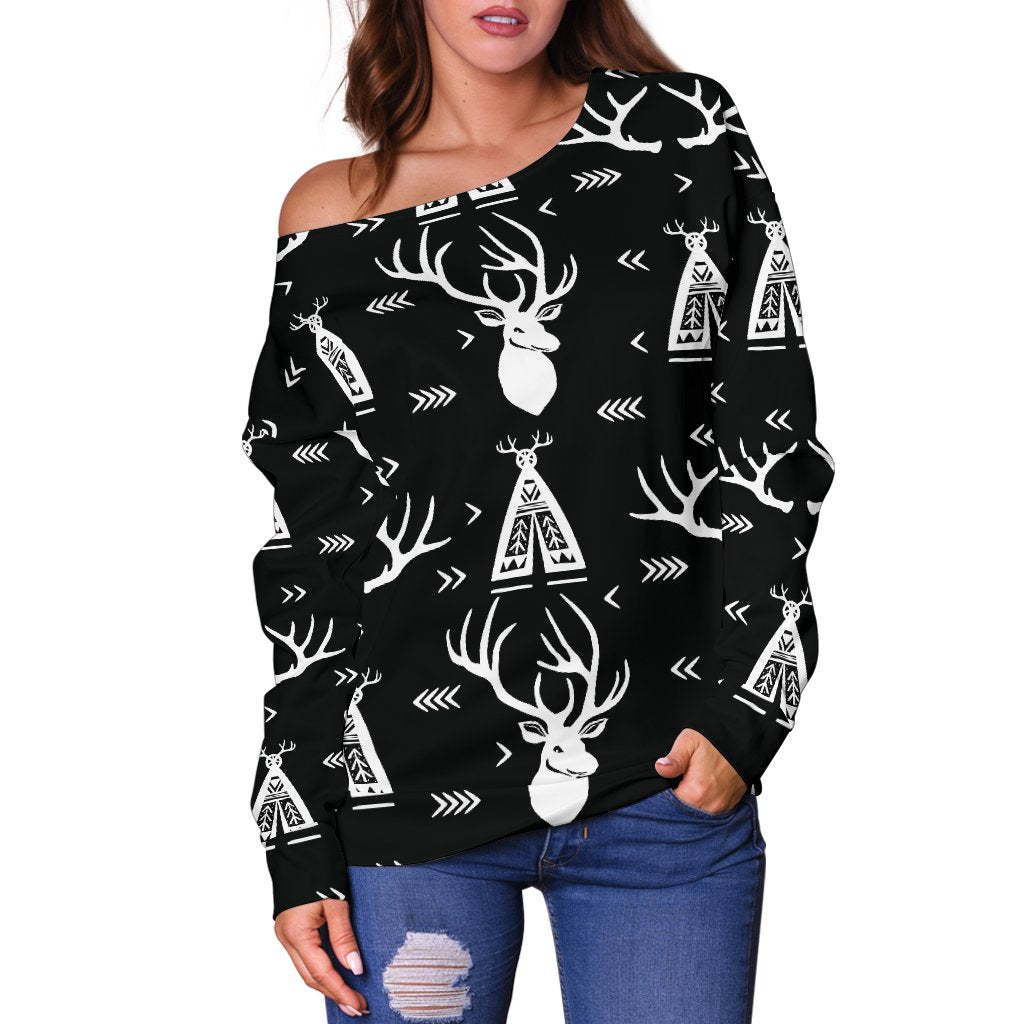 Deer Native Indian Print Pattern Off Shoulder Sweatshirt