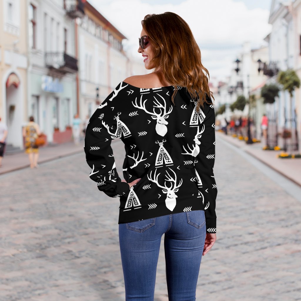 Deer Native Indian Print Pattern Off Shoulder Sweatshirt