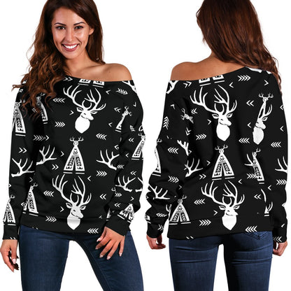 Deer Native Indian Print Pattern Off Shoulder Sweatshirt