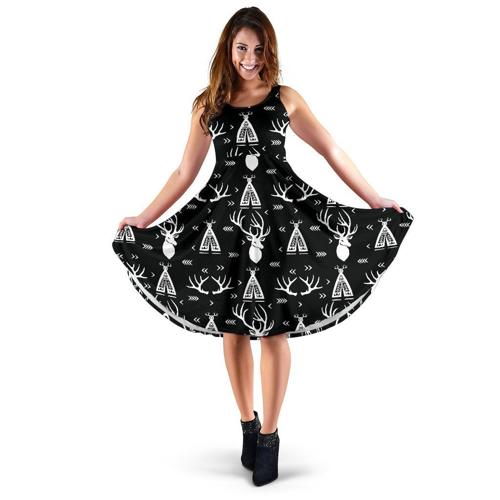 Deer Native Indian Print Pattern Sleeveless Dress