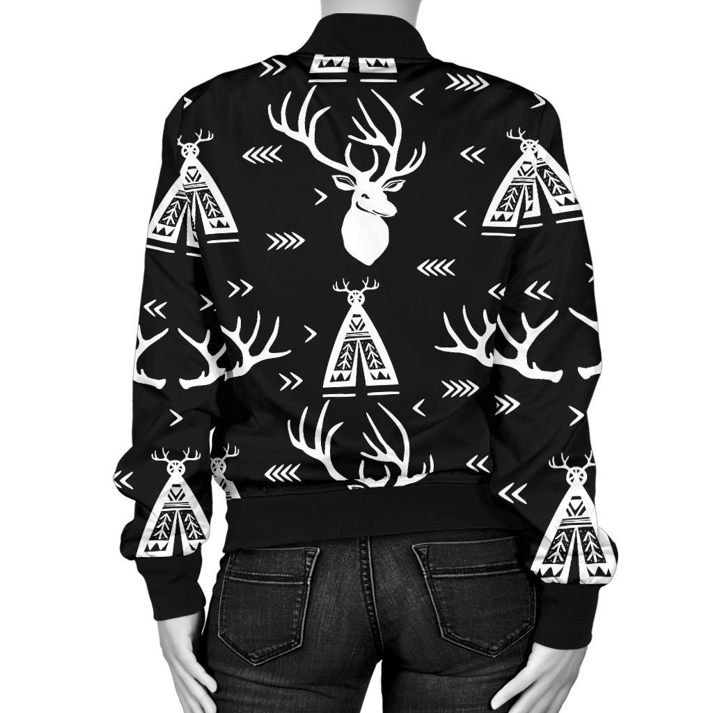 Deer Native Indian Print Pattern Women Casual Bomber Jacket
