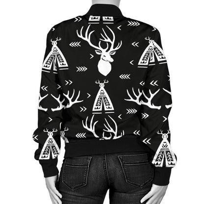 Deer Native Indian Print Pattern Women Casual Bomber Jacket