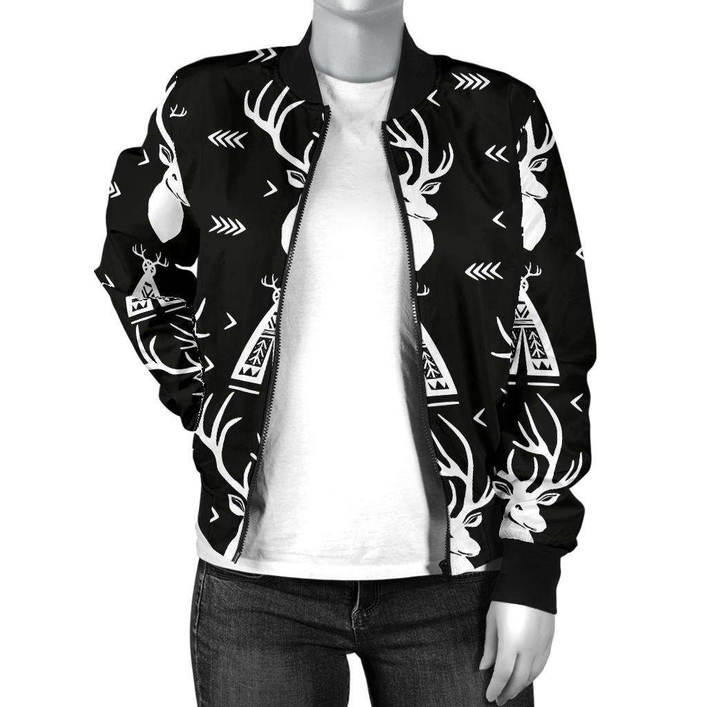 Deer Native Indian Print Pattern Women Casual Bomber Jacket