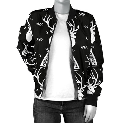 Deer Native Indian Print Pattern Women Casual Bomber Jacket