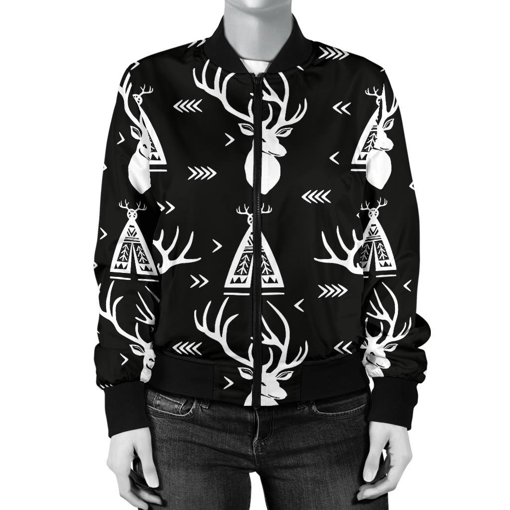 Deer Native Indian Print Pattern Women Casual Bomber Jacket