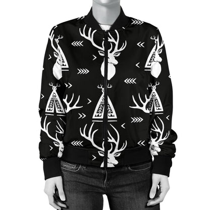 Deer Native Indian Print Pattern Women Casual Bomber Jacket
