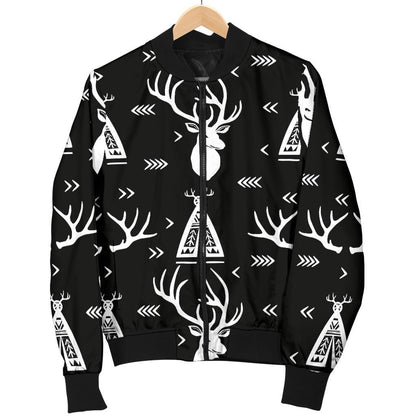 Deer Native Indian Print Pattern Women Casual Bomber Jacket
