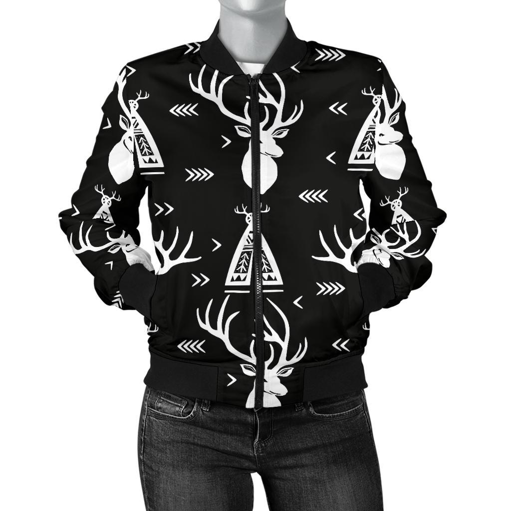Deer Native Indian Print Pattern Women Casual Bomber Jacket