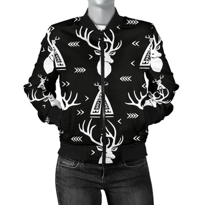 Deer Native Indian Print Pattern Women Casual Bomber Jacket