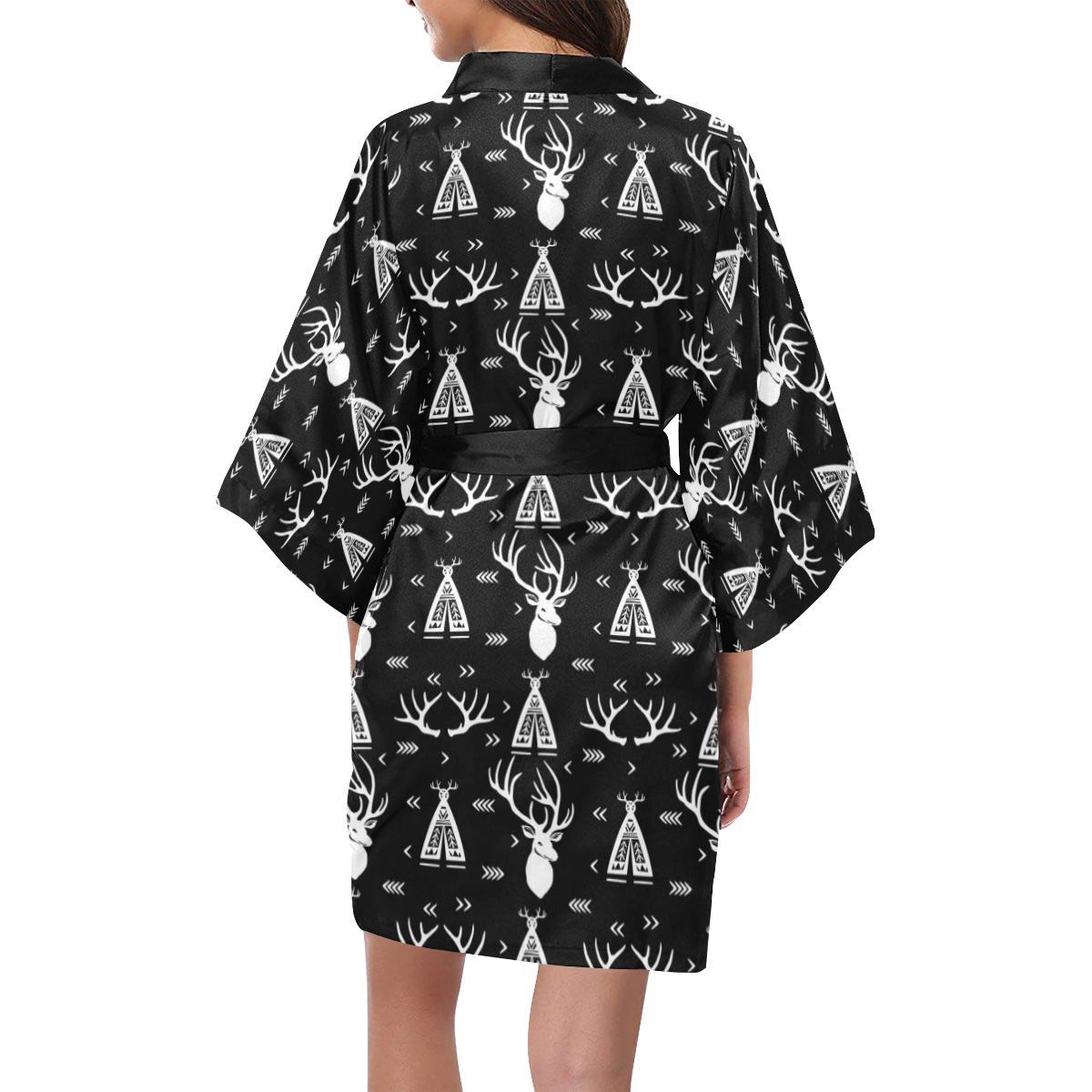 Deer Native Indian Print Pattern Women Short Kimono Robe
