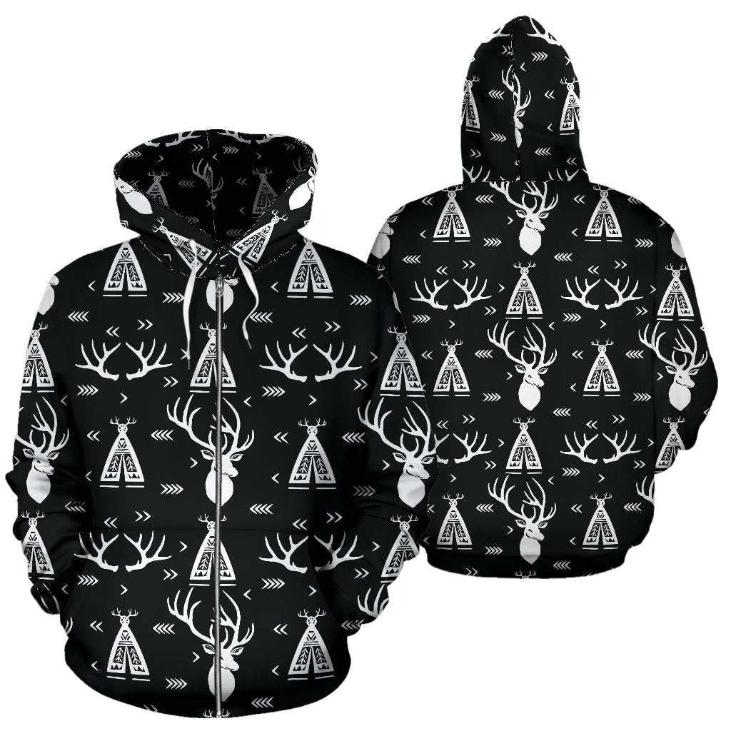 Deer Native Indian Print Pattern Zip Up Hoodie