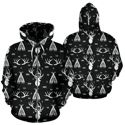 Deer Native Indian Print Pattern Zip Up Hoodie