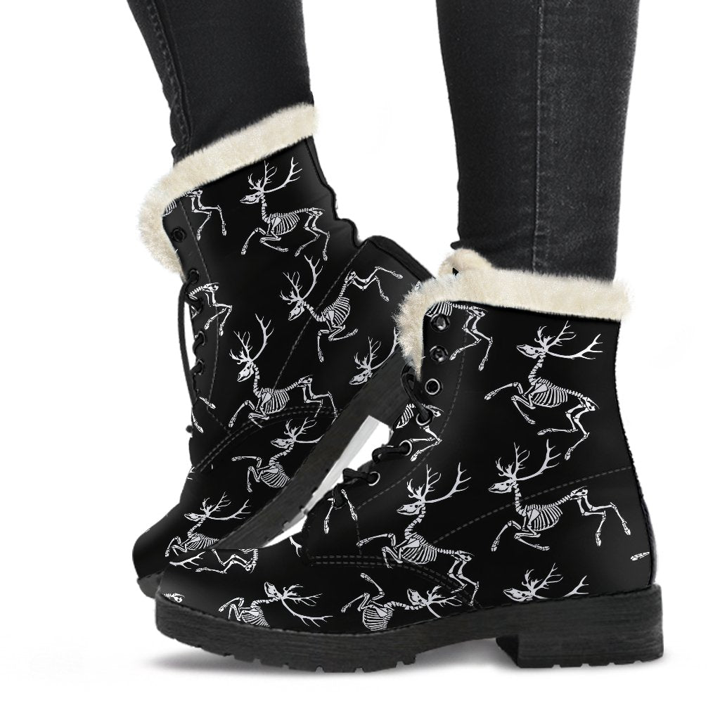 Deer Skeleton Print Pattern Faux Fur Leather Boots-JTAMIGO.COM