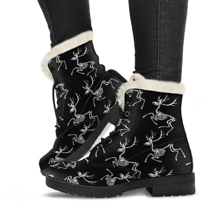 Deer Skeleton Print Pattern Faux Fur Leather Boots-JTAMIGO.COM