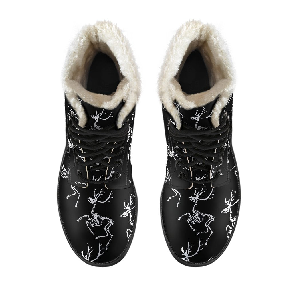 Deer Skeleton Print Pattern Faux Fur Leather Boots-JTAMIGO.COM