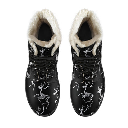 Deer Skeleton Print Pattern Faux Fur Leather Boots-JTAMIGO.COM