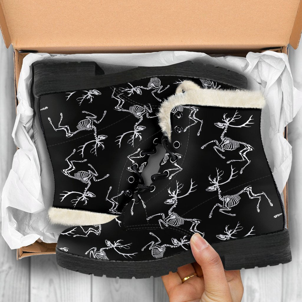Deer Skeleton Print Pattern Faux Fur Leather Boots-JTAMIGO.COM