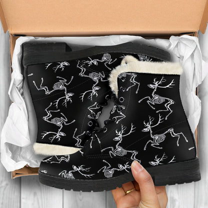 Deer Skeleton Print Pattern Faux Fur Leather Boots-JTAMIGO.COM