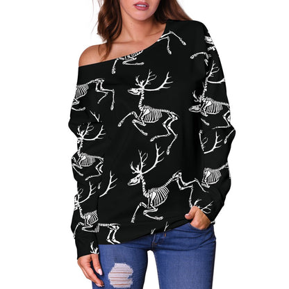 Deer Skeleton Print Pattern Off Shoulder Sweatshirt