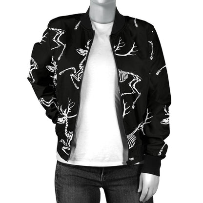 Deer Skeleton Print Pattern Women Casual Bomber Jacket