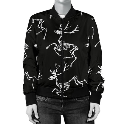 Deer Skeleton Print Pattern Women Casual Bomber Jacket