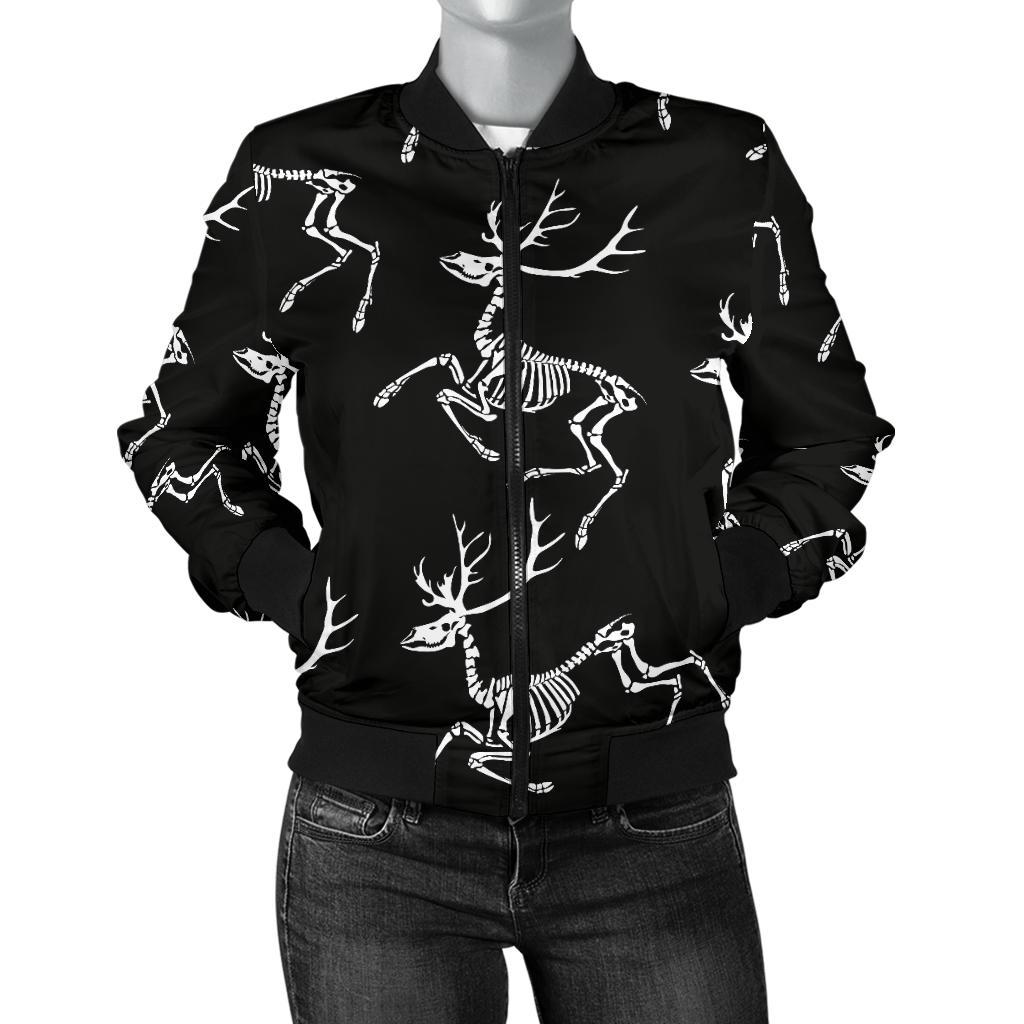 Deer Skeleton Print Pattern Women Casual Bomber Jacket