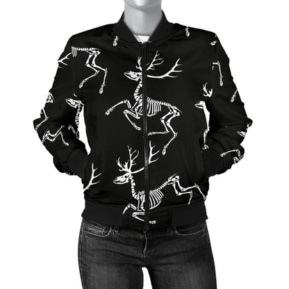 Deer Skeleton Print Pattern Women Casual Bomber Jacket