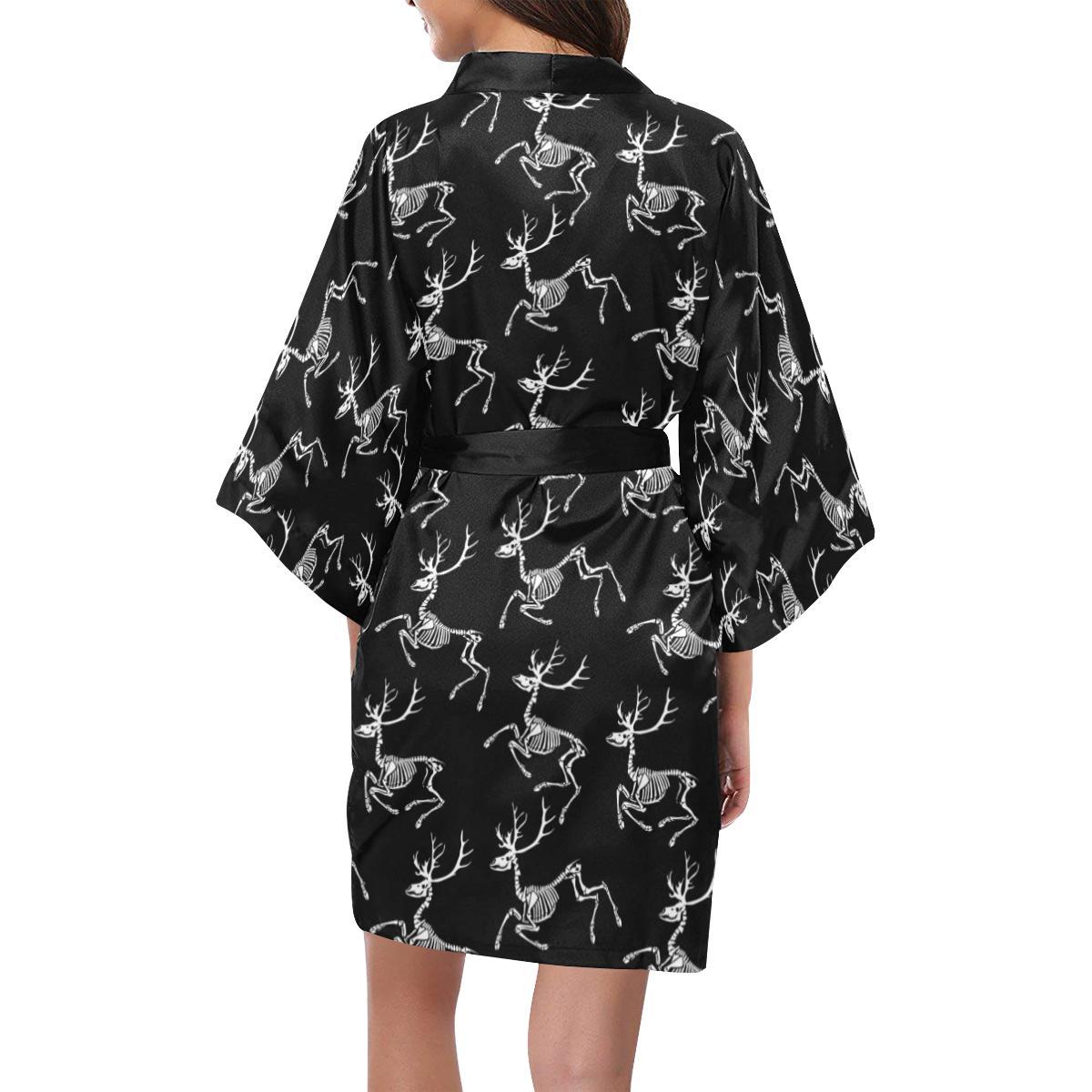 Deer Skeleton Print Pattern Women Short Kimono Robe