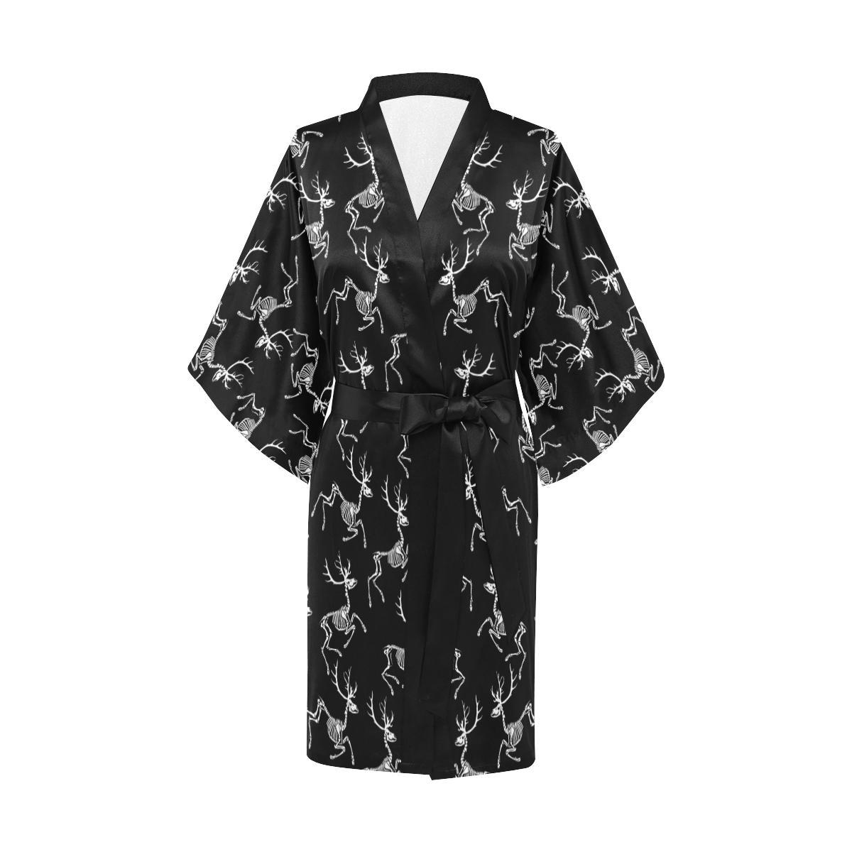 Deer Skeleton Print Pattern Women Short Kimono Robe