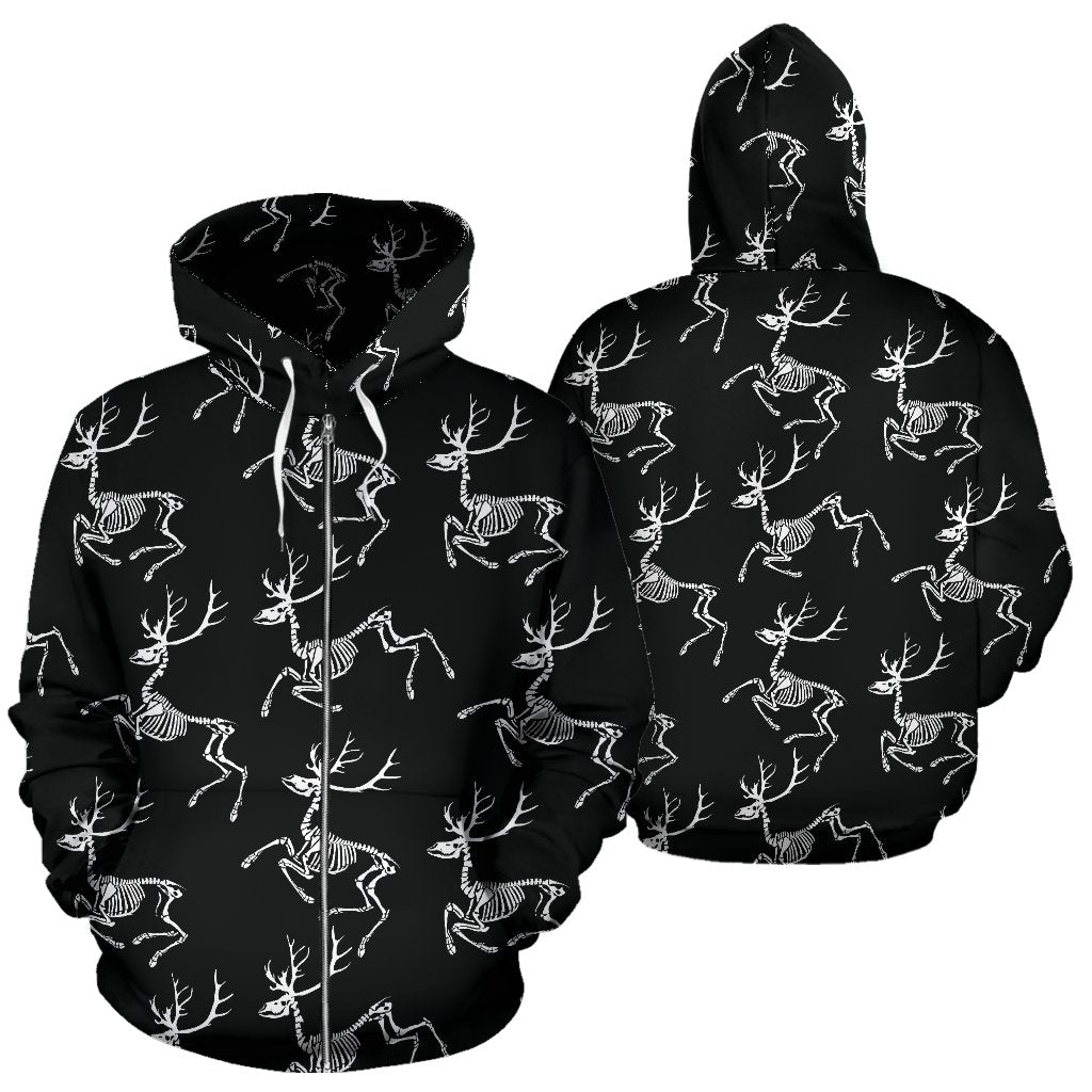 Deer Skeleton Print Pattern Zip Up Hoodie
