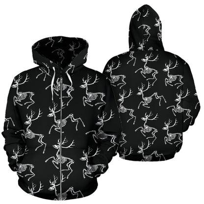 Deer Skeleton Print Pattern Zip Up Hoodie