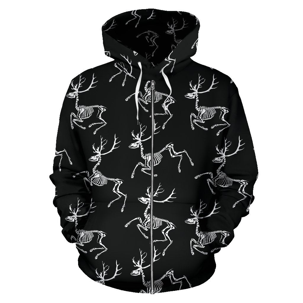 Deer Skeleton Print Pattern Zip Up Hoodie