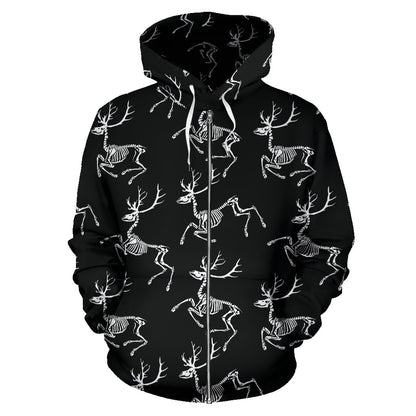 Deer Skeleton Print Pattern Zip Up Hoodie